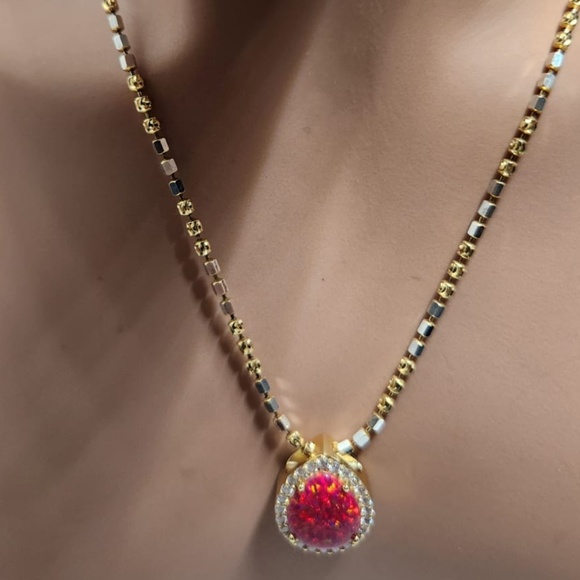 Natural Fire Red Opal Urn Pendant, VVS Moissanite Diamond100% Passes Dia Testers - Picture 1 of 7